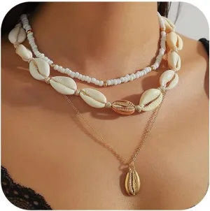 Nackiy Handmade Sea Shell Necklace for Women Summer Adjustable Natural Shell Collar Necklace (Beige Braided Rope)