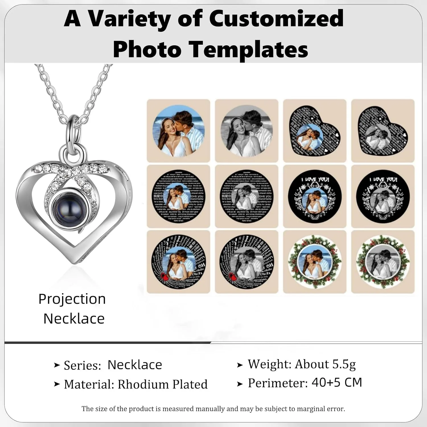 Nameinhea Custom Photo Projection Necklace with Picture Inside I Love You Necklace 100 Languages Personalized Heart Necklaces Memorial Photo Promise Necklace for Her
