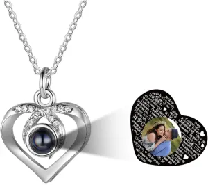 Nameinhea Custom Photo Projection Necklace with Picture Inside I Love You Necklace 100 Languages Personalized Heart Necklaces Memorial Photo Promise Necklace for Her