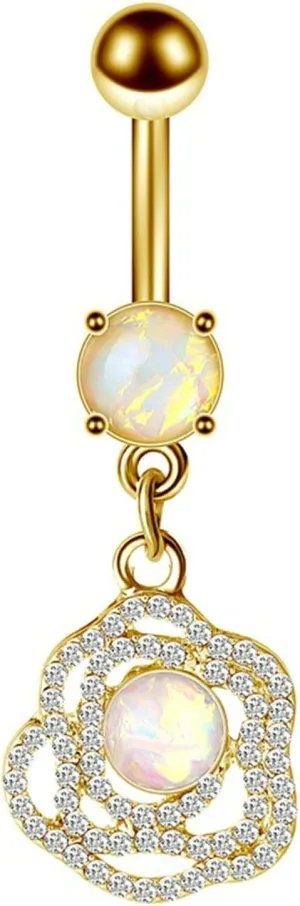 Navel Rings Stainless Steel, Crystal Dangle Navel Rings for Women Flower Pendant Gold Belly Ring