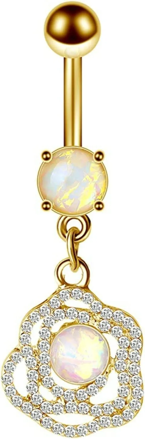 Navel Rings Stainless Steel, Crystal Dangle Navel Rings for Women Flower Pendant Gold Belly Ring
