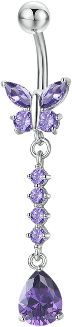 Navel Rings Stainless Steel, Crystal Navel Rings for Women Gold Butterfly Teardrop Purple Navel Piercing
