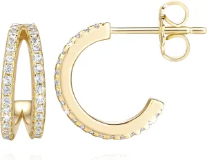 NEARLAND 14K Gold Hoop Earrings for Women Gold Stud Earrings Small Hoop Earring with Double Round Cubic Zirconia Hypoallergenic Lightweight Womens Earring 13mm