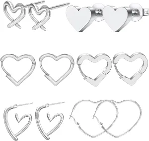 NEWITIN 6 Pairs Heart Earrings for Women Hypoallergenic Studs Silver Gold Heart Earring 18K Gold Plated Cartilage Stud Earrings Hearts Hoop Earring for Women