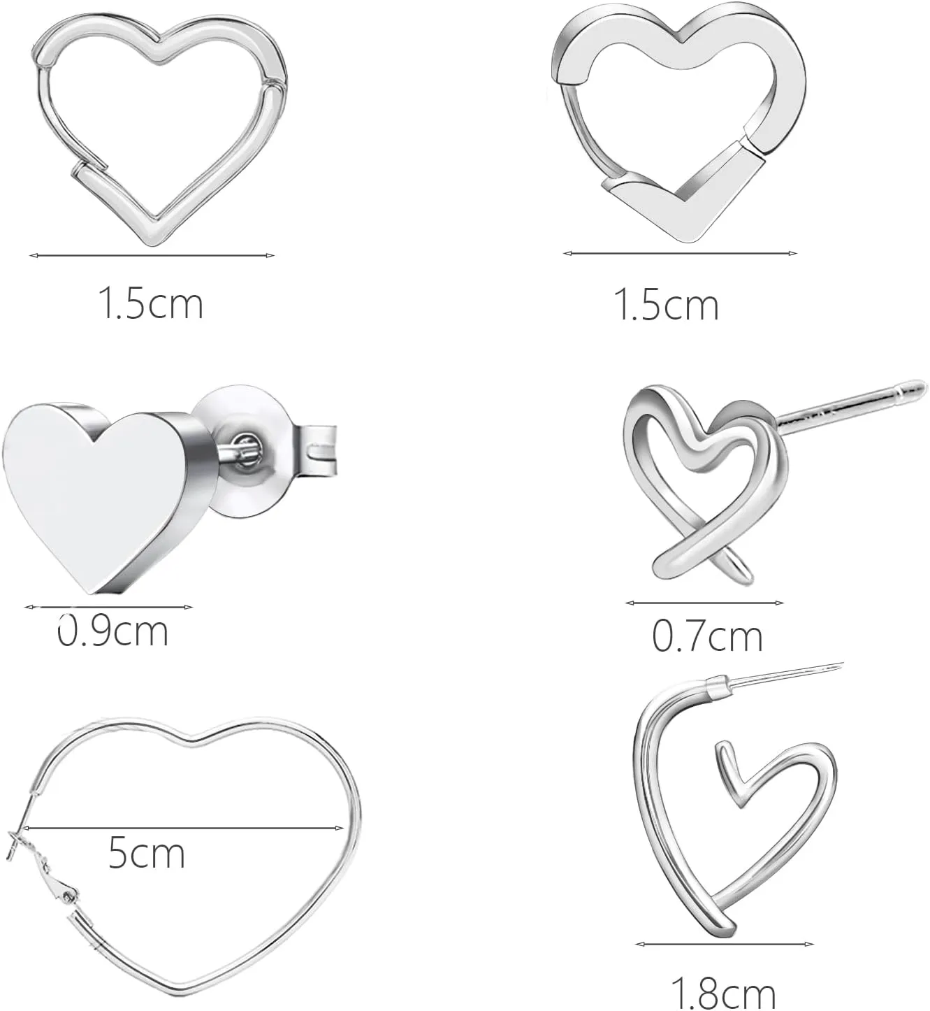 NEWITIN 6 Pairs Heart Earrings for Women Hypoallergenic Studs Silver Gold Heart Earring 18K Gold Plated Cartilage Stud Earrings Hearts Hoop Earring for Women