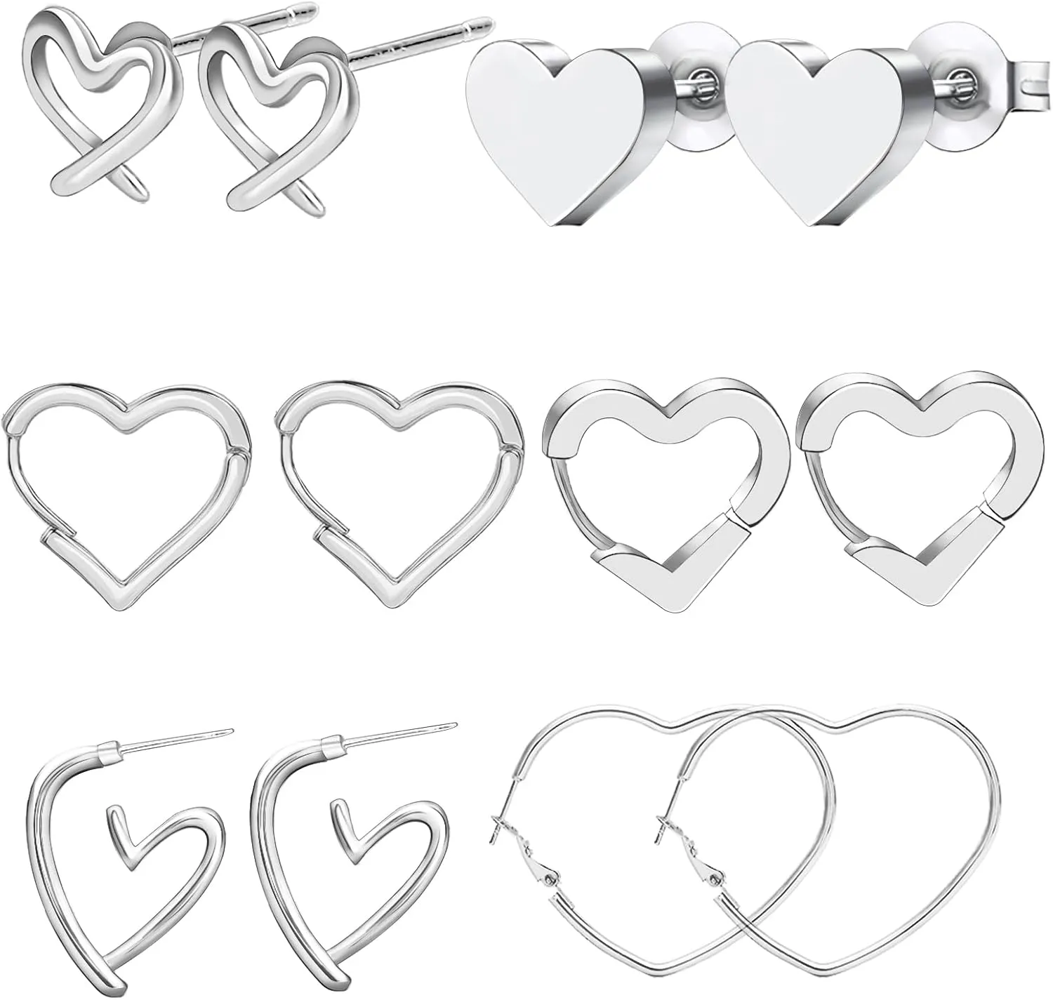 NEWITIN 6 Pairs Heart Earrings for Women Hypoallergenic Studs Silver Gold Heart Earring 18K Gold Plated Cartilage Stud Earrings Hearts Hoop Earring for Women