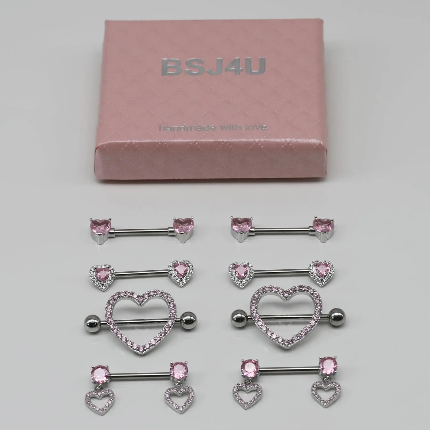 Nipple Ring and Belly Button Ring Set 14G Stainless Steel Sparkly Pink CZ Heart Bar Barbell Nipple Belly Piercing Body Jewelry