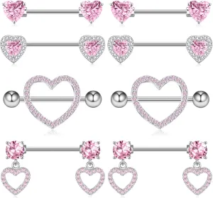 Nipple Ring and Belly Button Ring Set 14G Stainless Steel Sparkly Pink CZ Heart Bar Barbell Nipple Belly Piercing Body Jewelry