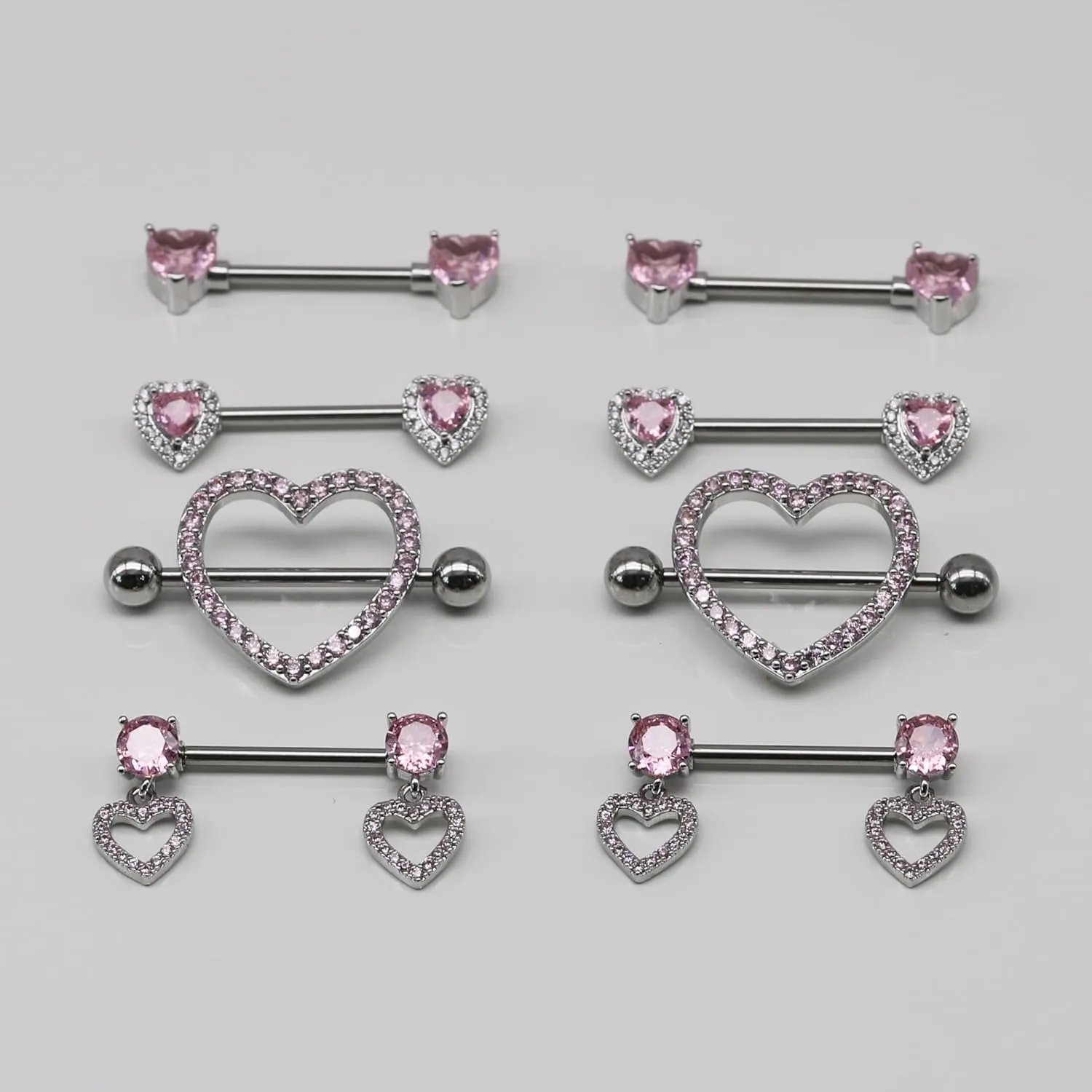 Nipple Ring and Belly Button Ring Set 14G Stainless Steel Sparkly Pink CZ Heart Bar Barbell Nipple Belly Piercing Body Jewelry