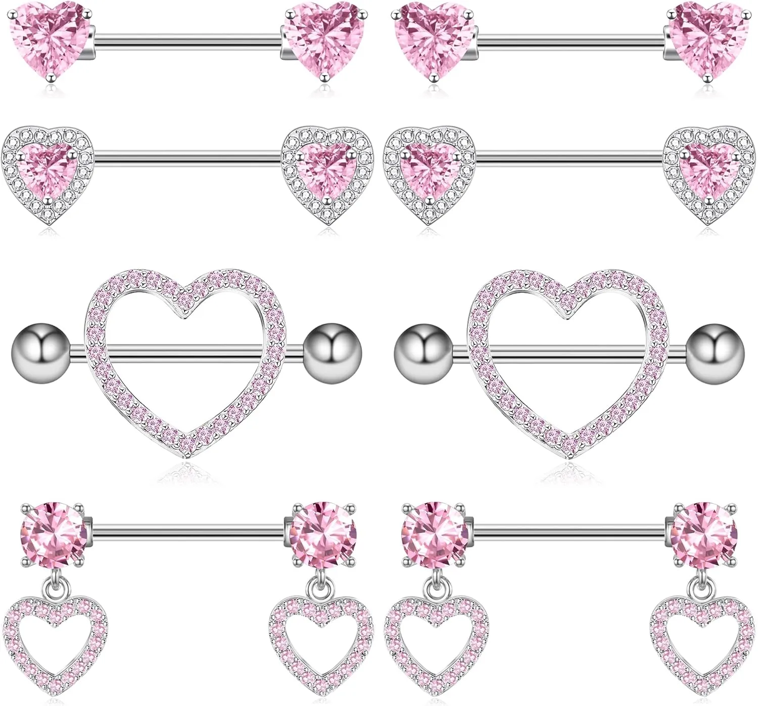 Nipple Ring and Belly Button Ring Set 14G Stainless Steel Sparkly Pink CZ Heart Bar Barbell Nipple Belly Piercing Body Jewelry