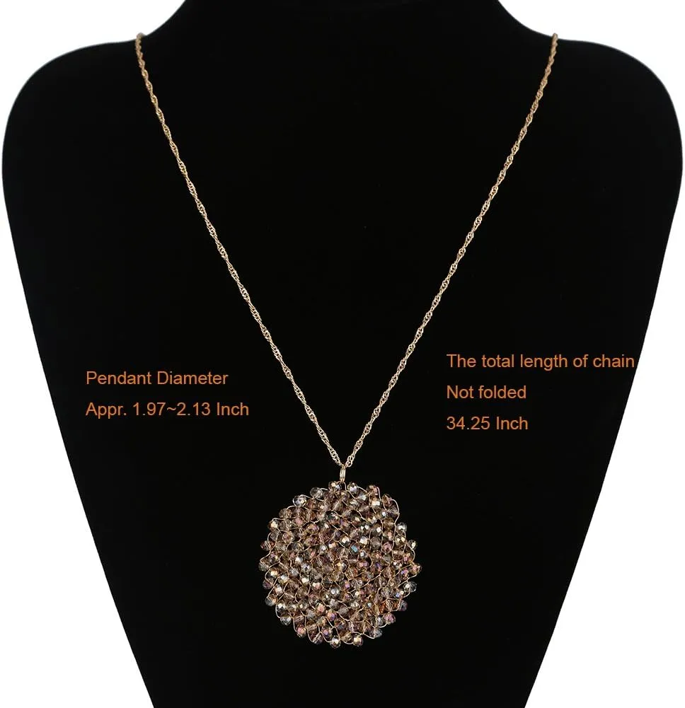 Niumike Handmade Crystal Circle Pendant Necklace and Earring Sets for Women Prom Disc Long Statement Necklaces Jewelry Sets with Gifts Box