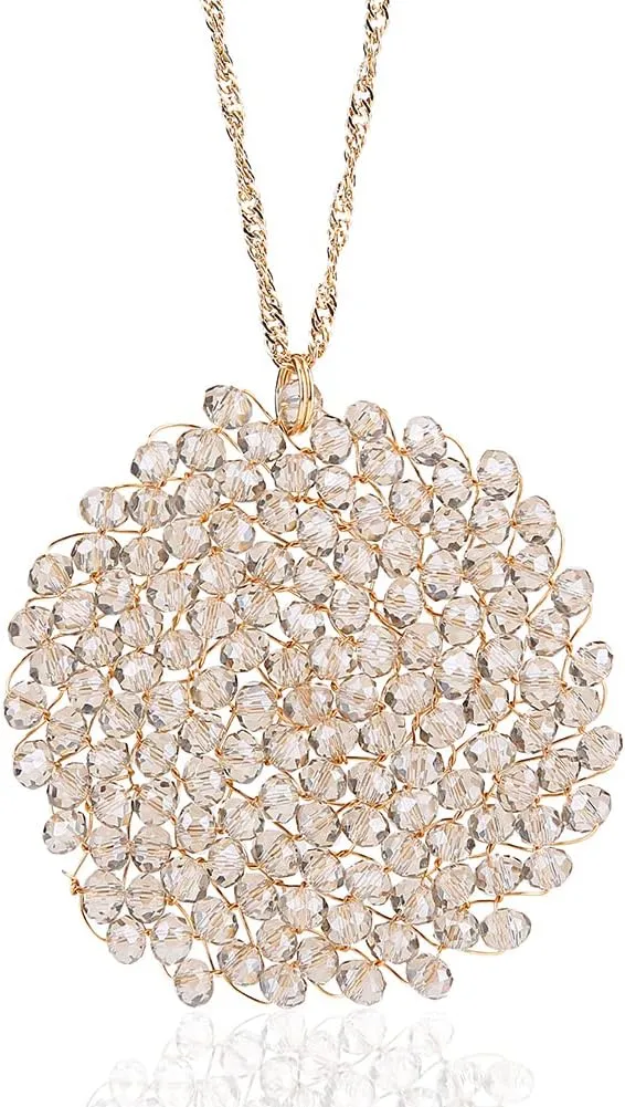 Niumike Handmade Crystal Circle Pendant Necklace and Earring Sets for Women Prom Disc Long Statement Necklaces Jewelry Sets with Gifts Box