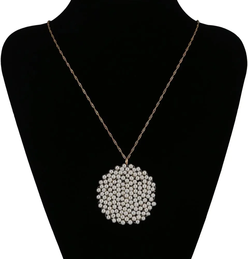 Niumike Handmade Crystal Circle Pendant Necklace and Earring Sets for Women Prom Disc Long Statement Necklaces Jewelry Sets with Gifts Box