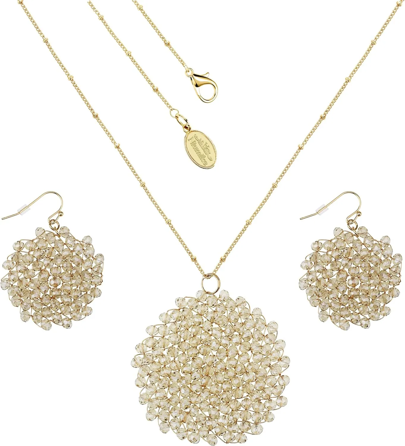 Niumike Handmade Crystal Circle Pendant Necklace and Earring Sets for Women Prom Disc Long Statement Necklaces Jewelry Sets with Gifts Box