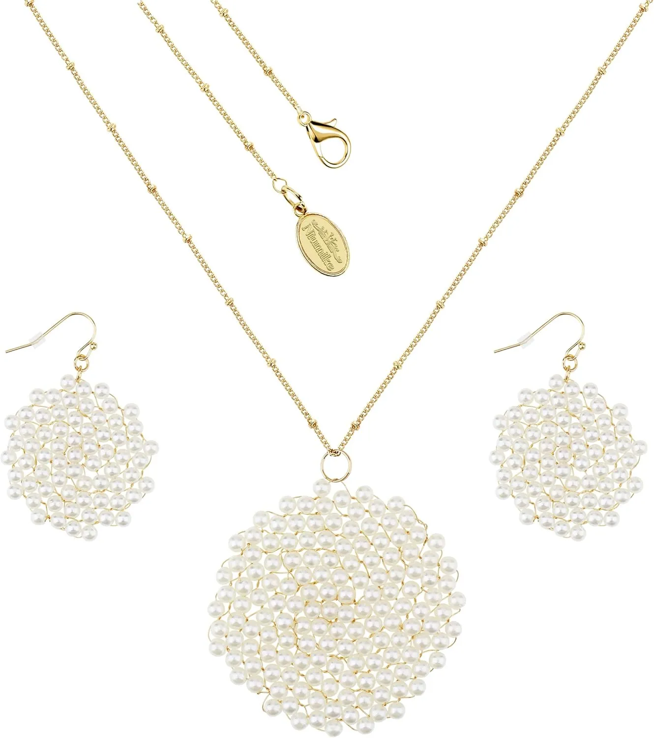 Niumike Handmade Crystal Circle Pendant Necklace and Earring Sets for Women Prom Disc Long Statement Necklaces Jewelry Sets with Gifts Box