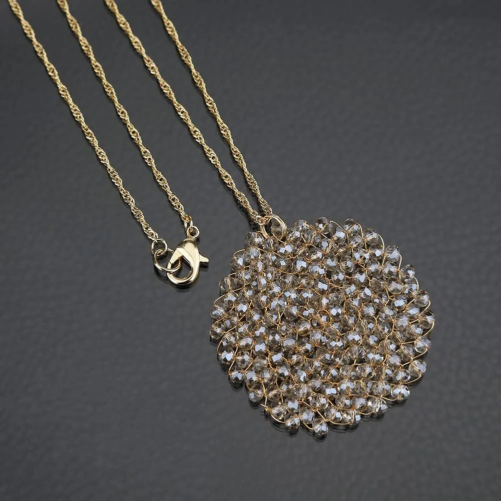 Niumike Handmade Crystal Circle Pendant Necklace and Earring Sets for Women Prom Disc Long Statement Necklaces Jewelry Sets with Gifts Box