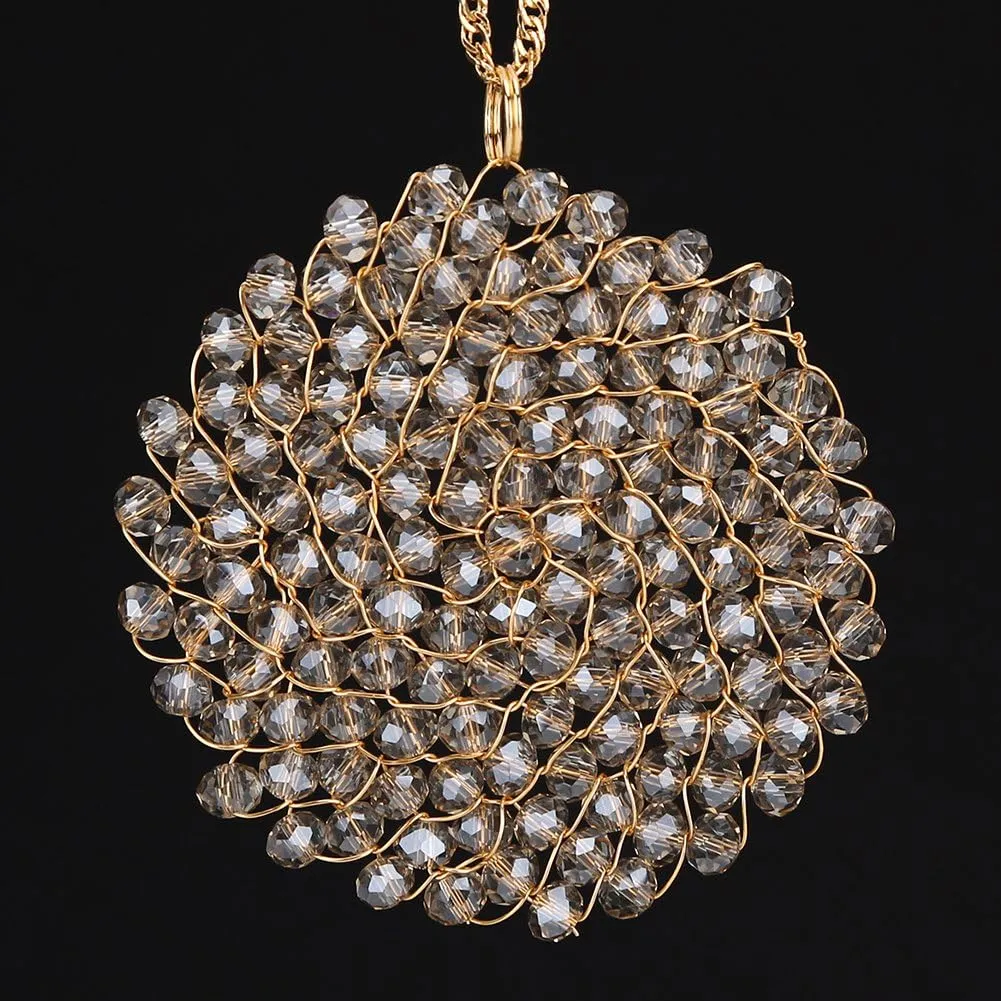 Niumike Handmade Crystal Circle Pendant Necklace and Earring Sets for Women Prom Disc Long Statement Necklaces Jewelry Sets with Gifts Box