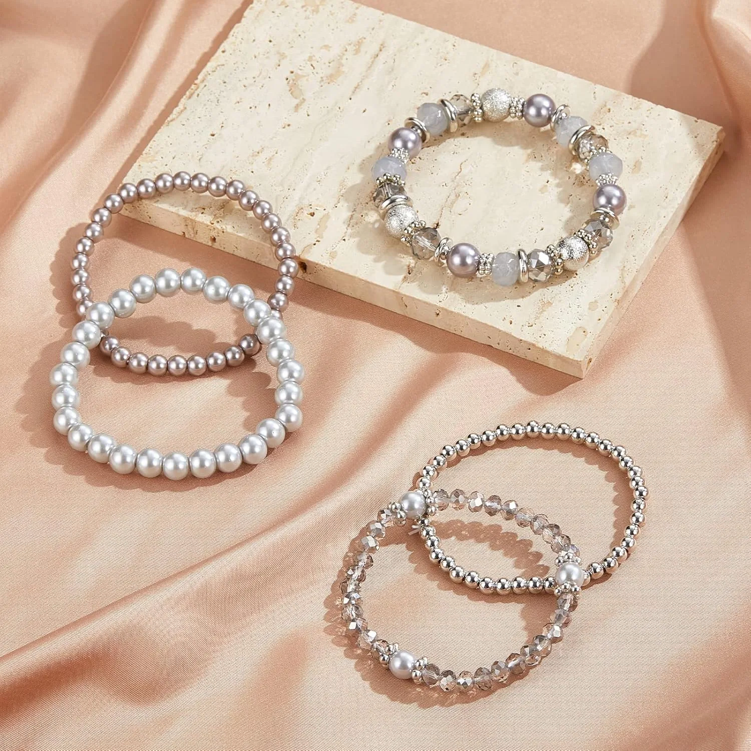 Noessla Beaded Pearl Stretch Bracelet Silver Stackable Crystal Beads Bracelets Trendy Costume Jewelry Mothers Day Gifts for Women