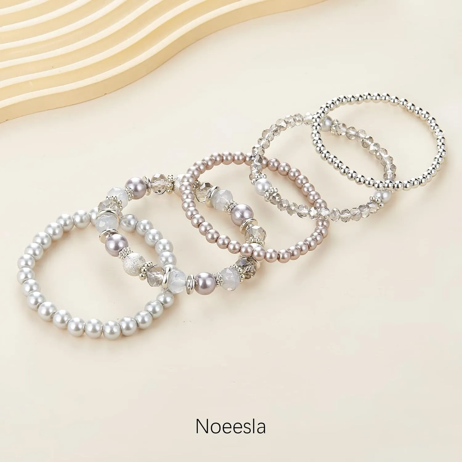 Noessla Beaded Pearl Stretch Bracelet Silver Stackable Crystal Beads Bracelets Trendy Costume Jewelry Mothers Day Gifts for Women