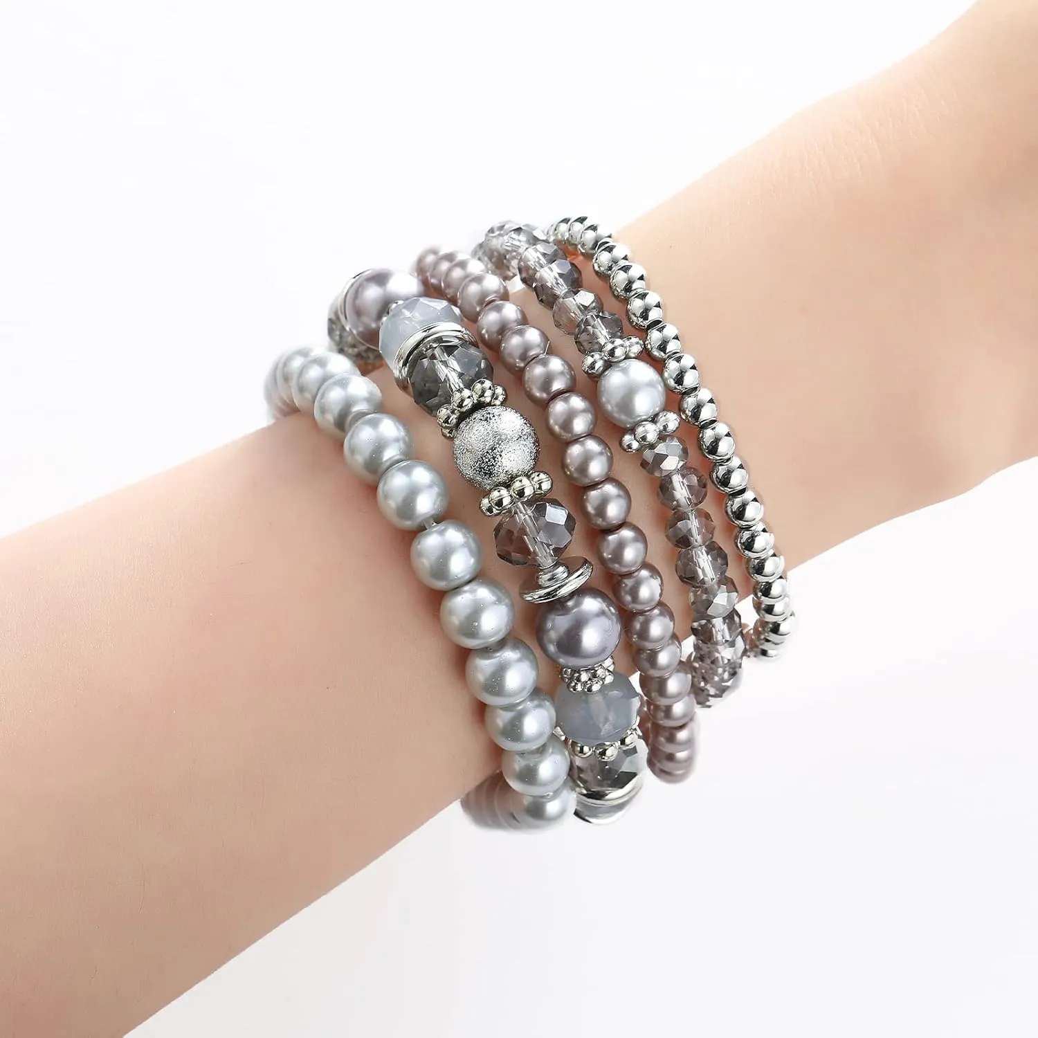 Noessla Beaded Pearl Stretch Bracelet Silver Stackable Crystal Beads Bracelets Trendy Costume Jewelry Mothers Day Gifts for Women