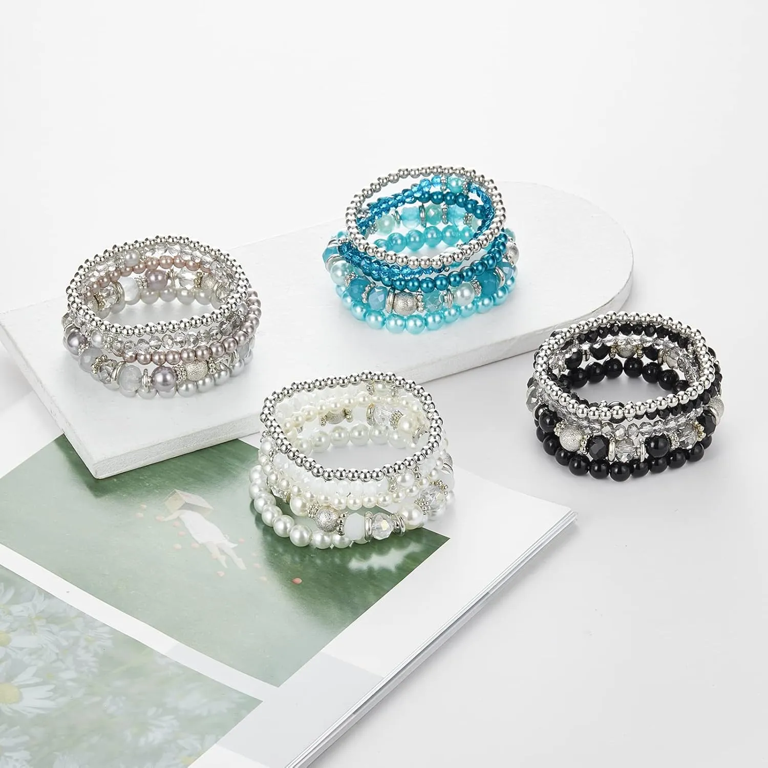 Noessla Beaded Pearl Stretch Bracelet Silver Stackable Crystal Beads Bracelets Trendy Costume Jewelry Mothers Day Gifts for Women