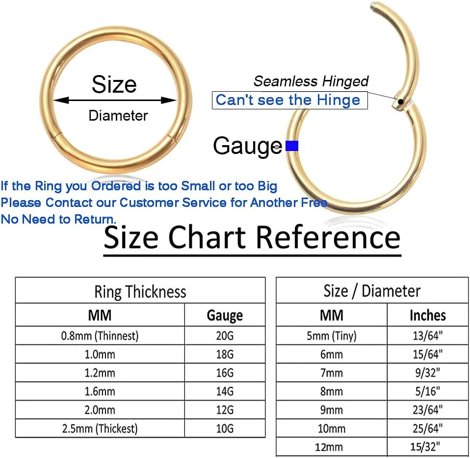 Nose Ring Septum Hoop 20G/18G/16G/14G/12G 316L Surgical Stainless Steel Hinged Seamless Earrings, Diameter 5MM-16MM, Gold/Silver/Black/Rose Gold/Rainbow Color