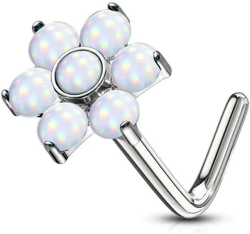 Nose Stud Rings L-Shape with Illuminating Stone Flower Top 20g(.8mm) 1/4(6mm)