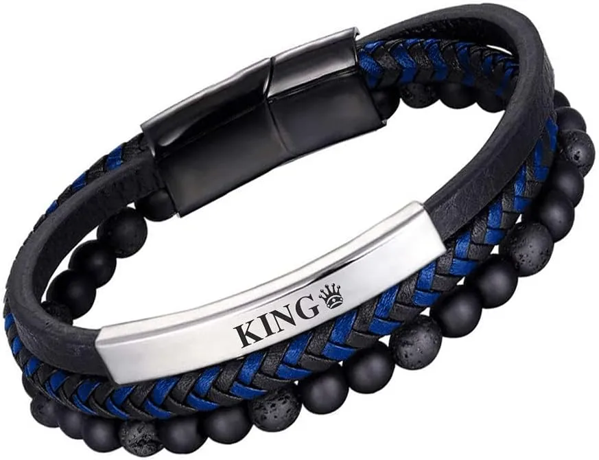 Novgarden Leather Beaded Bracelet for Men, Custom Bracelets with Lava Rock and Prayer Beads Multi-layer Braided Mens Cuff Bracelets Gift for Dad, Boyfriend
