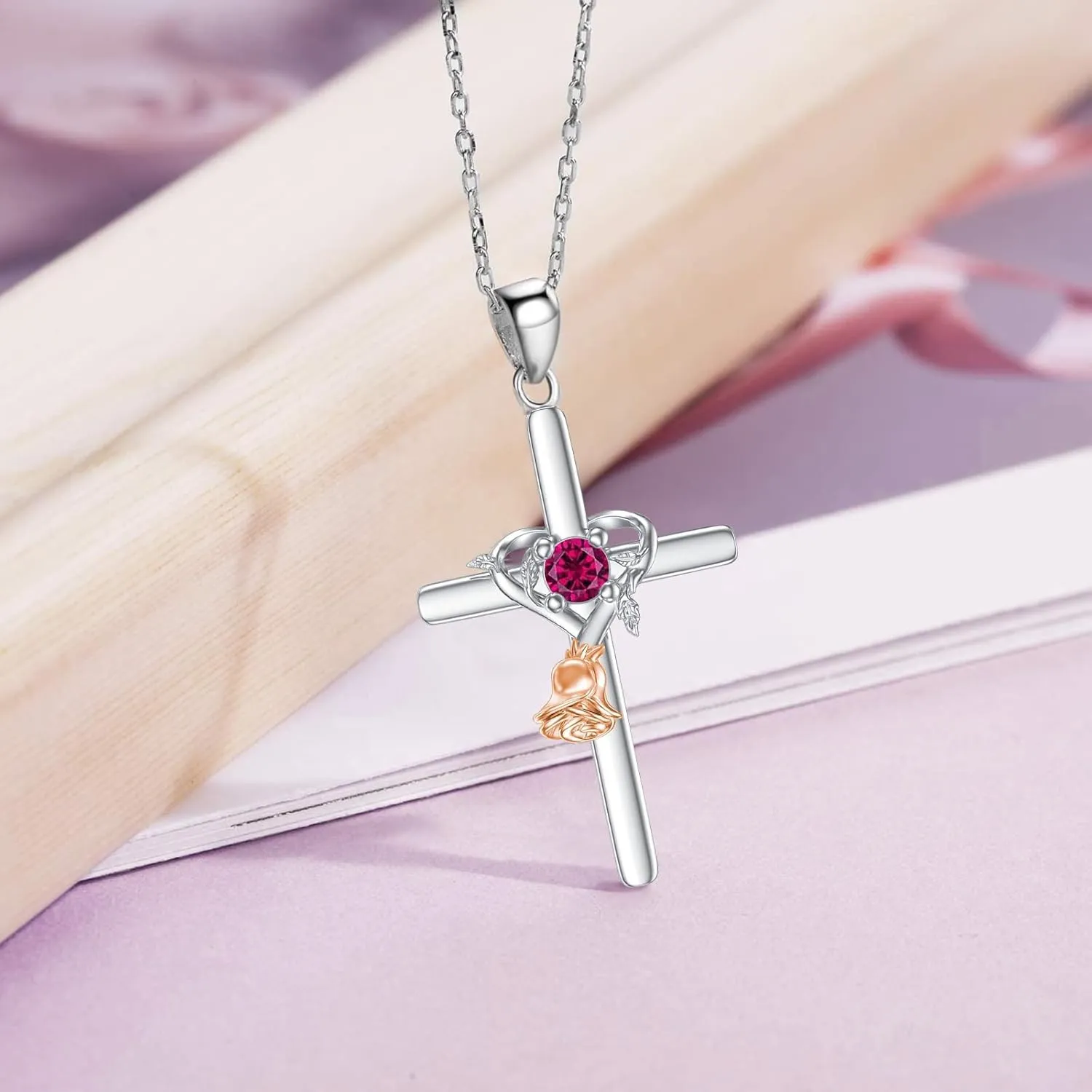 OCJ Rose Cross Necklaces 925 Sterling Silver Birthstone Cross Pendant Necklace Religious Jewelry for Women Her Mother Daughter Mom Birthday Gifts