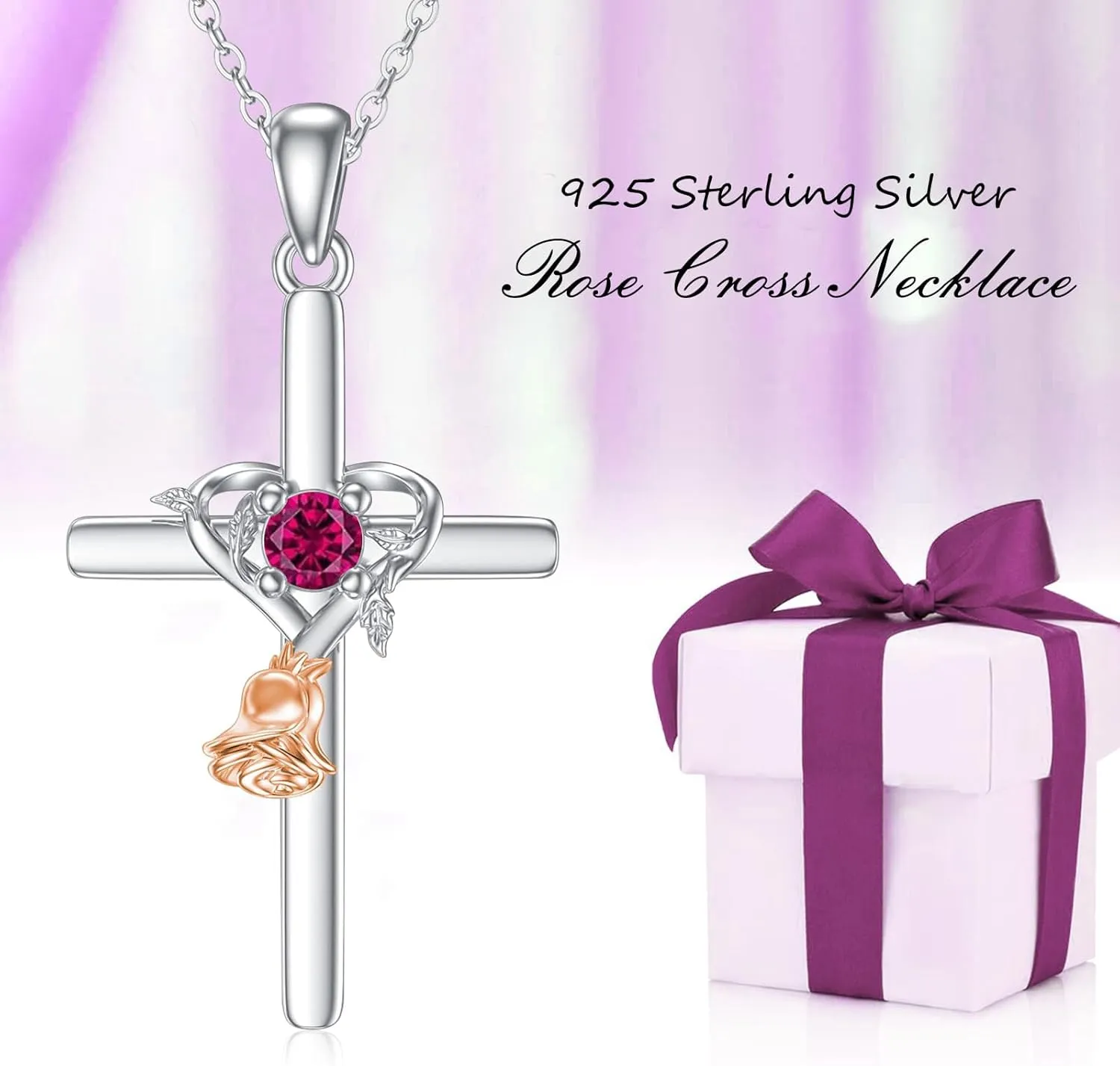 OCJ Rose Cross Necklaces 925 Sterling Silver Birthstone Cross Pendant Necklace Religious Jewelry for Women Her Mother Daughter Mom Birthday Gifts