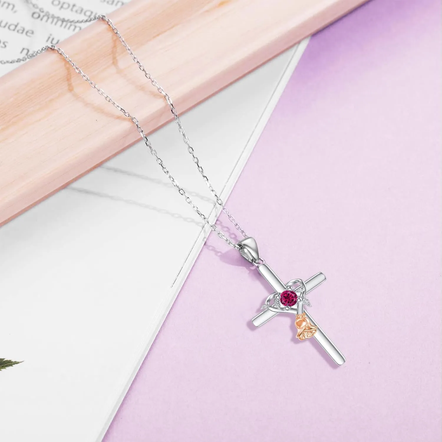 OCJ Rose Cross Necklaces 925 Sterling Silver Birthstone Cross Pendant Necklace Religious Jewelry for Women Her Mother Daughter Mom Birthday Gifts