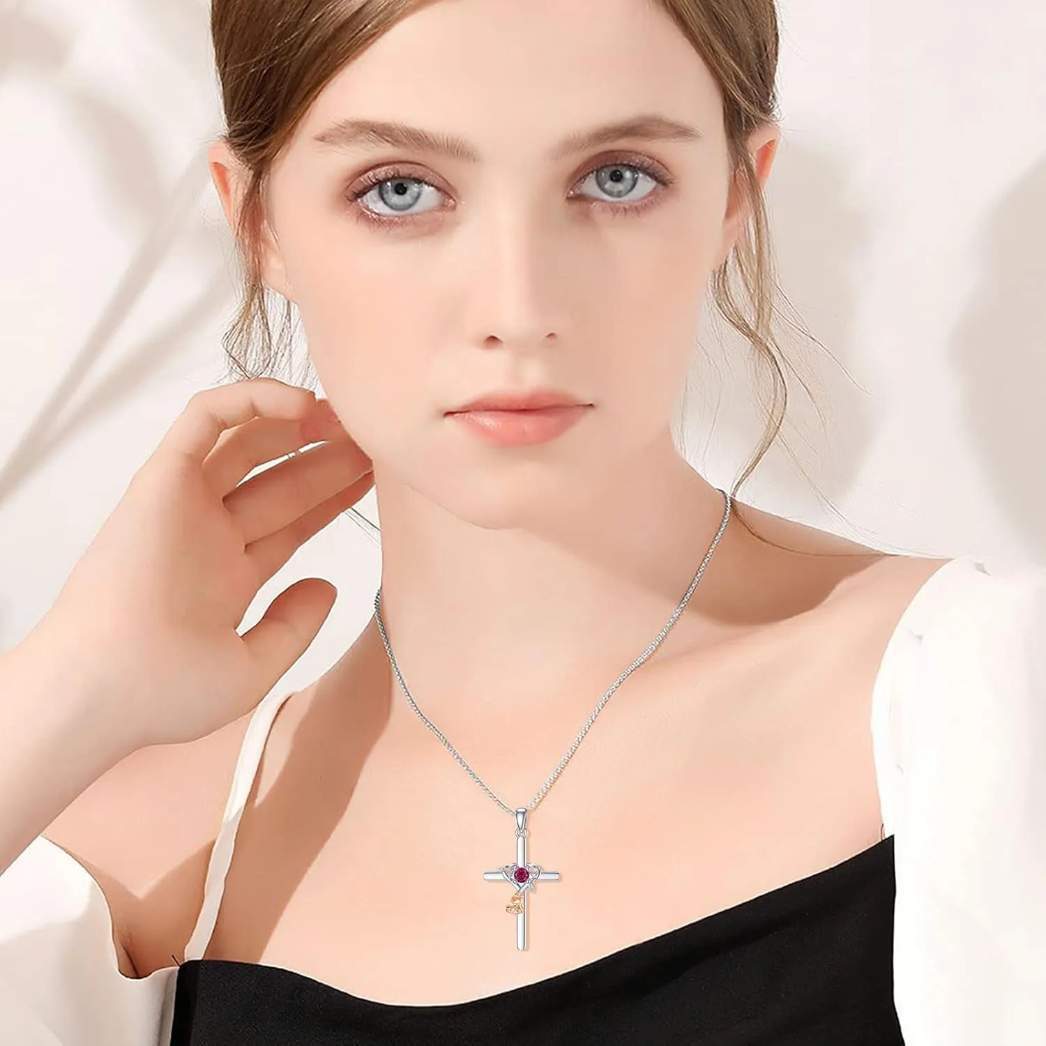 OCJ Rose Cross Necklaces 925 Sterling Silver Birthstone Cross Pendant Necklace Religious Jewelry for Women Her Mother Daughter Mom Birthday Gifts