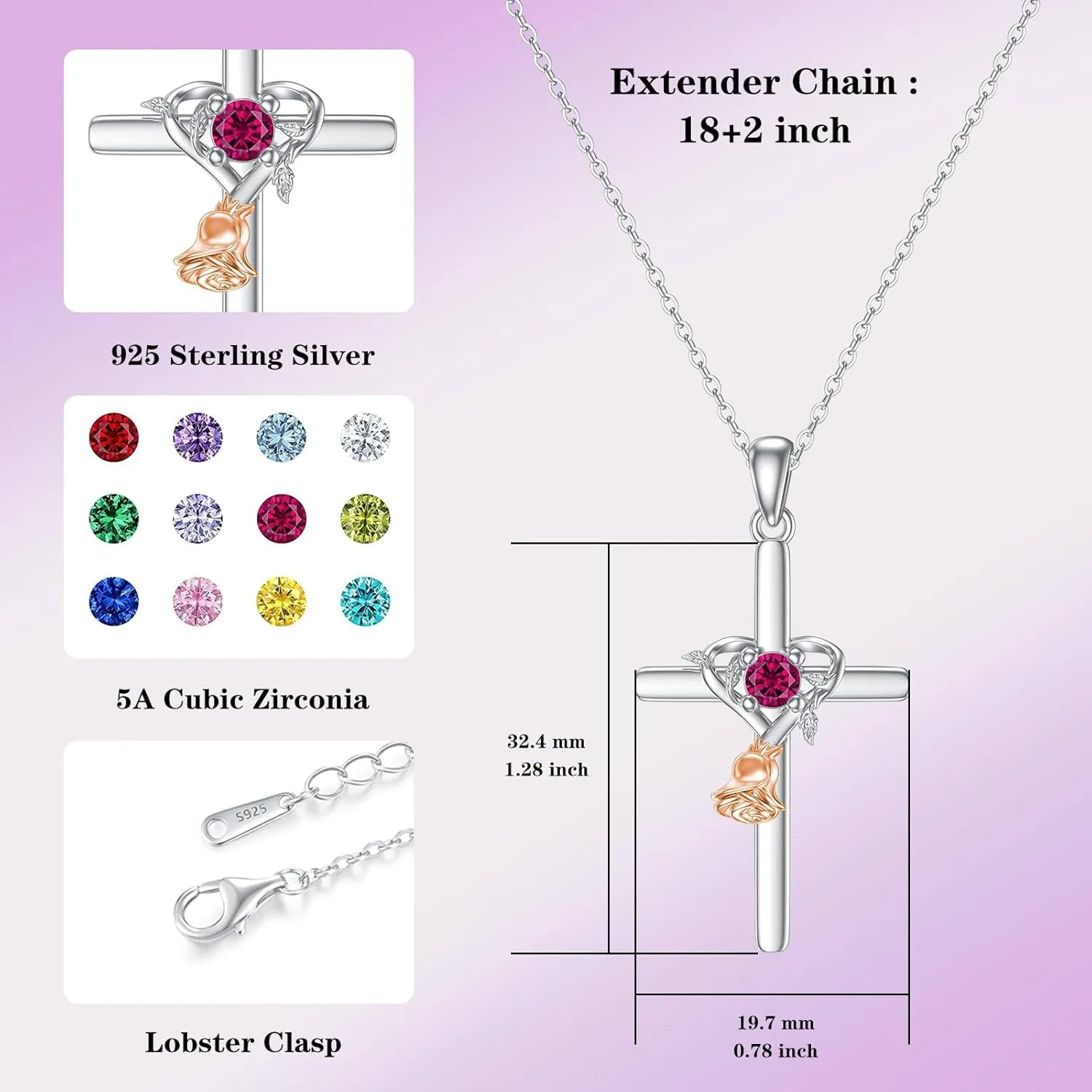 OCJ Rose Cross Necklaces 925 Sterling Silver Birthstone Cross Pendant Necklace Religious Jewelry for Women Her Mother Daughter Mom Birthday Gifts