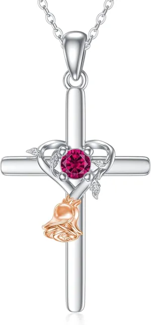 OCJ Rose Cross Necklaces 925 Sterling Silver Birthstone Cross Pendant Necklace Religious Jewelry for Women Her Mother Daughter Mom Birthday Gifts