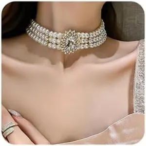 Octwine 1920s Dainty Boho Rhinestones Pearls Short Choker Necklace Chain Multilayer Choker Pendant Necklaces Prom Party for Women and 3 Tier