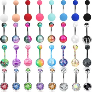 ONESING 32 Pcs 14G Belly Button Rings Belly Rings for Women Belly Piercing Jewelry Belly Bars Navel Rings Stainless Steel Body Piercing Jewelry (Style-B-32 Pcs)