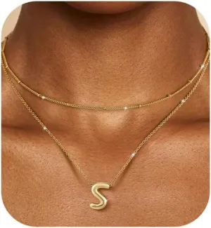OOOPEL Bubble Initial Necklaces for Women Layered A-Z Alphabet Pendant Necklace 14K Gold Plated Balloon Letter Necklace Dainty Jewelry Gift