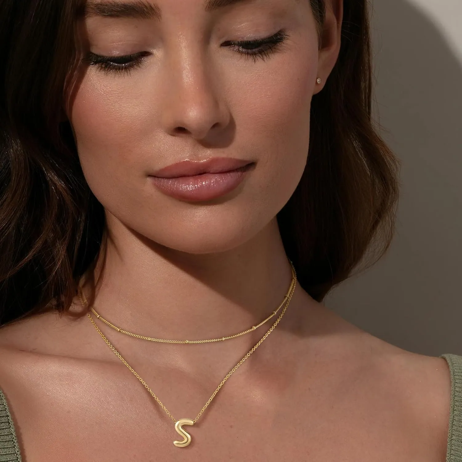 OOOPEL Bubble Initial Necklaces for Women Layered A-Z Alphabet Pendant Necklace 14K Gold Plated Balloon Letter Necklace Dainty Jewelry Gift