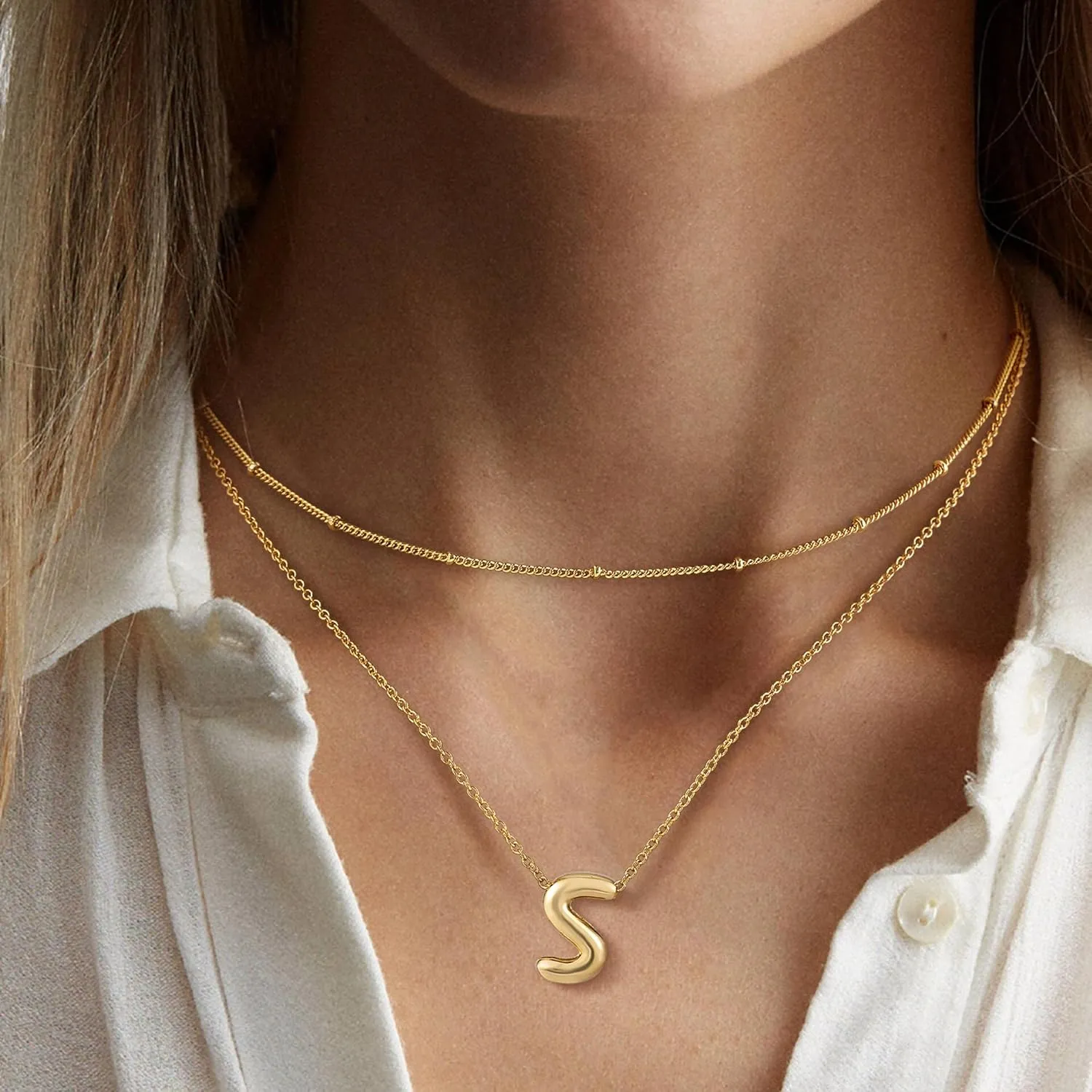 OOOPEL Bubble Initial Necklaces for Women Layered A-Z Alphabet Pendant Necklace 14K Gold Plated Balloon Letter Necklace Dainty Jewelry Gift