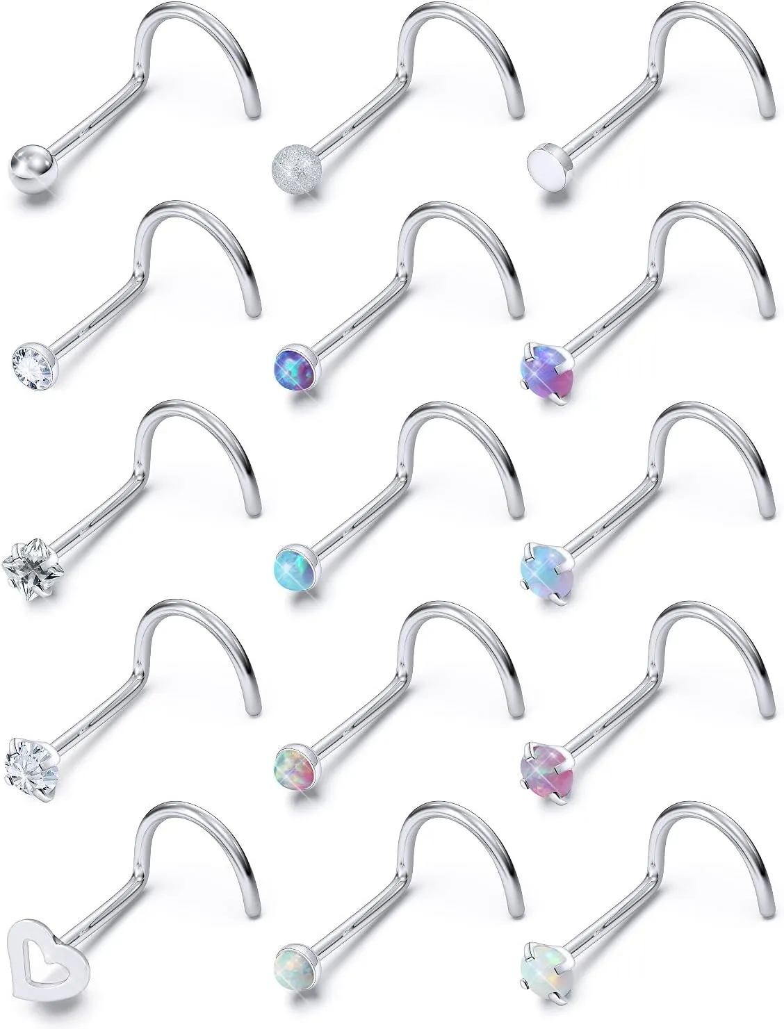 Opal Nose Rings Studs 20G 18G Surgical Steel Nose Stud Nose Piercing Jewelry Top CZ 1.5mm 2mm 2.5mm 3mm Straight L Screw Nose Ring Stud Heart Nostril Piercing Jewelry for Women Men