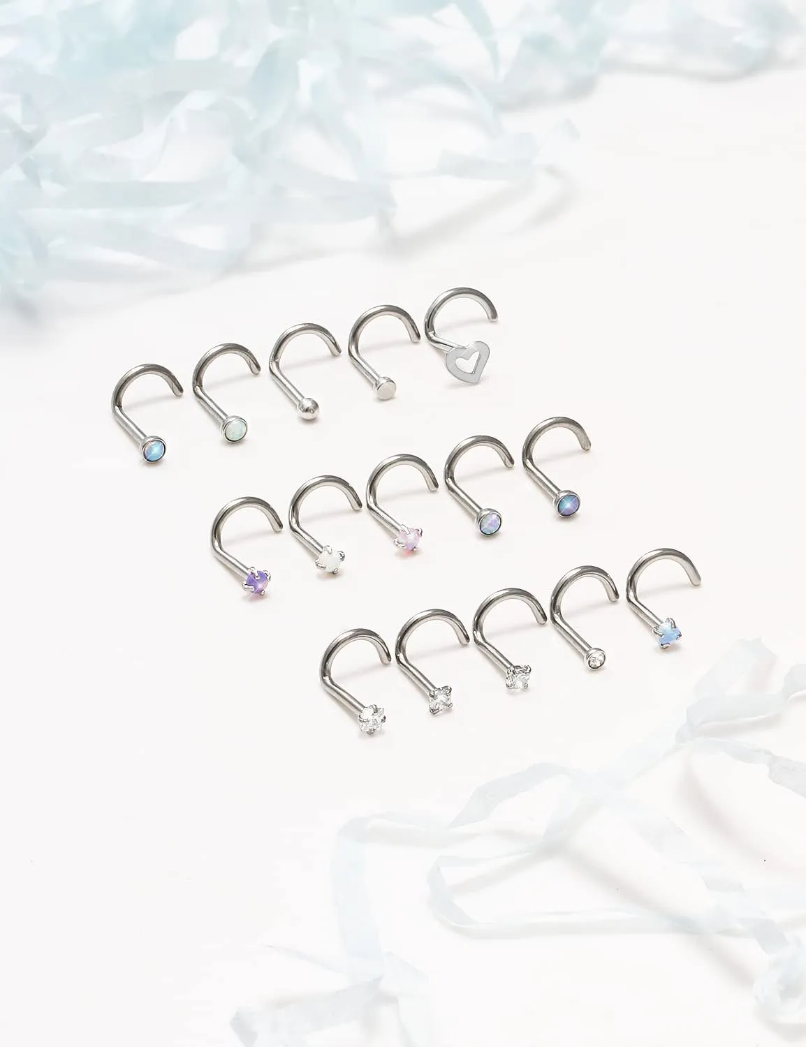 Opal Nose Rings Studs 20G 18G Surgical Steel Nose Stud Nose Piercing Jewelry Top CZ 1.5mm 2mm 2.5mm 3mm Straight L Screw Nose Ring Stud Heart Nostril Piercing Jewelry for Women Men