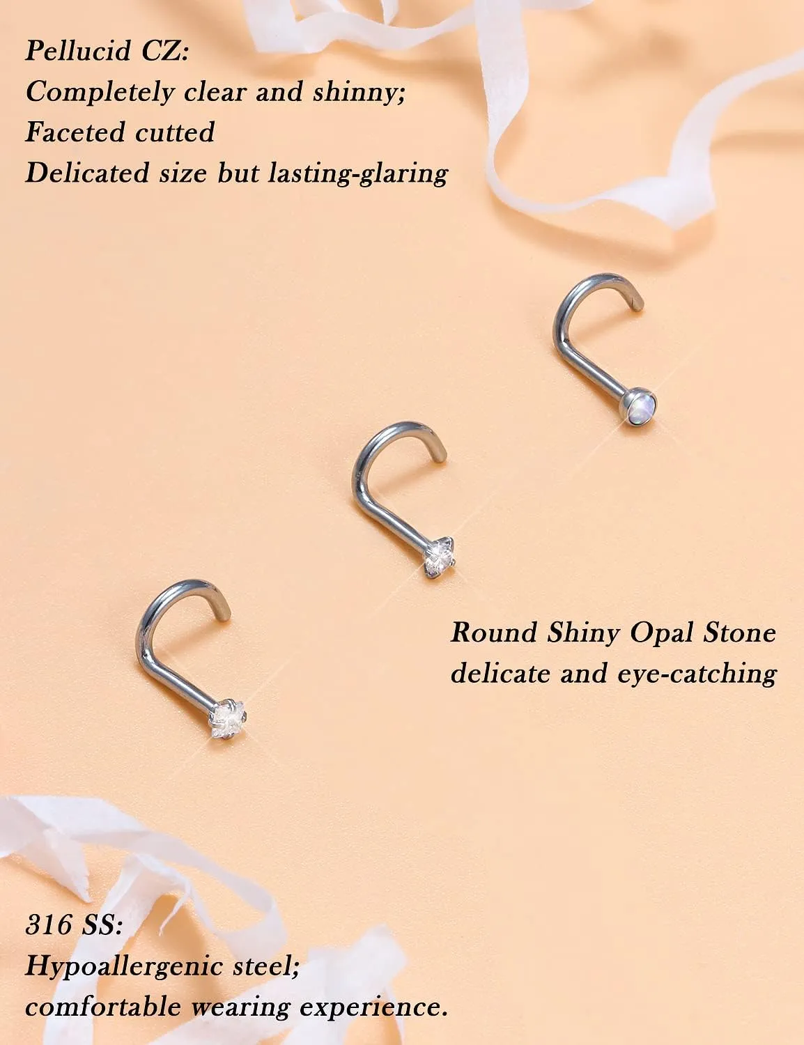 Opal Nose Rings Studs 20G 18G Surgical Steel Nose Stud Nose Piercing Jewelry Top CZ 1.5mm 2mm 2.5mm 3mm Straight L Screw Nose Ring Stud Heart Nostril Piercing Jewelry for Women Men