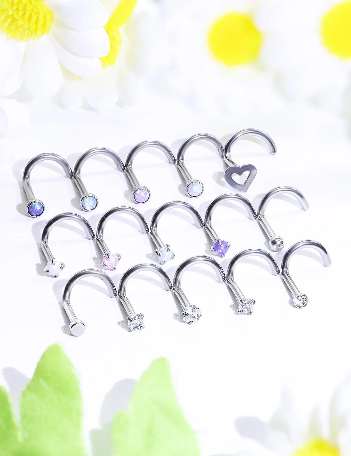Opal Nose Rings Studs 20G 18G Surgical Steel Nose Stud Nose Piercing Jewelry Top CZ 1.5mm 2mm 2.5mm 3mm Straight L Screw Nose Ring Stud Heart Nostril Piercing Jewelry for Women Men