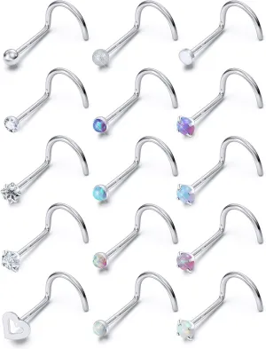 Opal Nose Rings Studs 20G 18G Surgical Steel Nose Stud Nose Piercing Jewelry Top CZ 1.5mm 2mm 2.5mm 3mm Straight L Screw Nose Ring Stud Heart Nostril Piercing Jewelry for Women Men