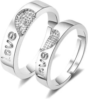Open Love Zircon Ring for Men Women, Adjustable Classic Annular Couple Rings Set Heart Ring Silver Plated, Personalized Promise Wedding Engagement Band Ring Valentine's Day Gifts for Couples Women Men