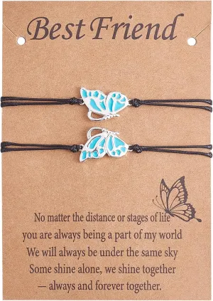 Ornaland 2 Pcs Braided Thread Cord Bracelets with Butterfly Friendship Bracelet for 2 with Butterfly Bracelet Handmade Adjustable Woven Bracelets Wrist Jewelry Gift for Women Men, Blue
