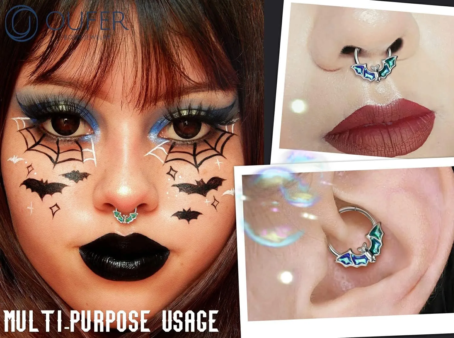 OUFER 16G Septum Rings Hoops, 316L Stainless Steel Septum Piercings, Black Bat Design Cartilage Earrings, Helix Conch Daith Piercing Jewelry for Women and Men