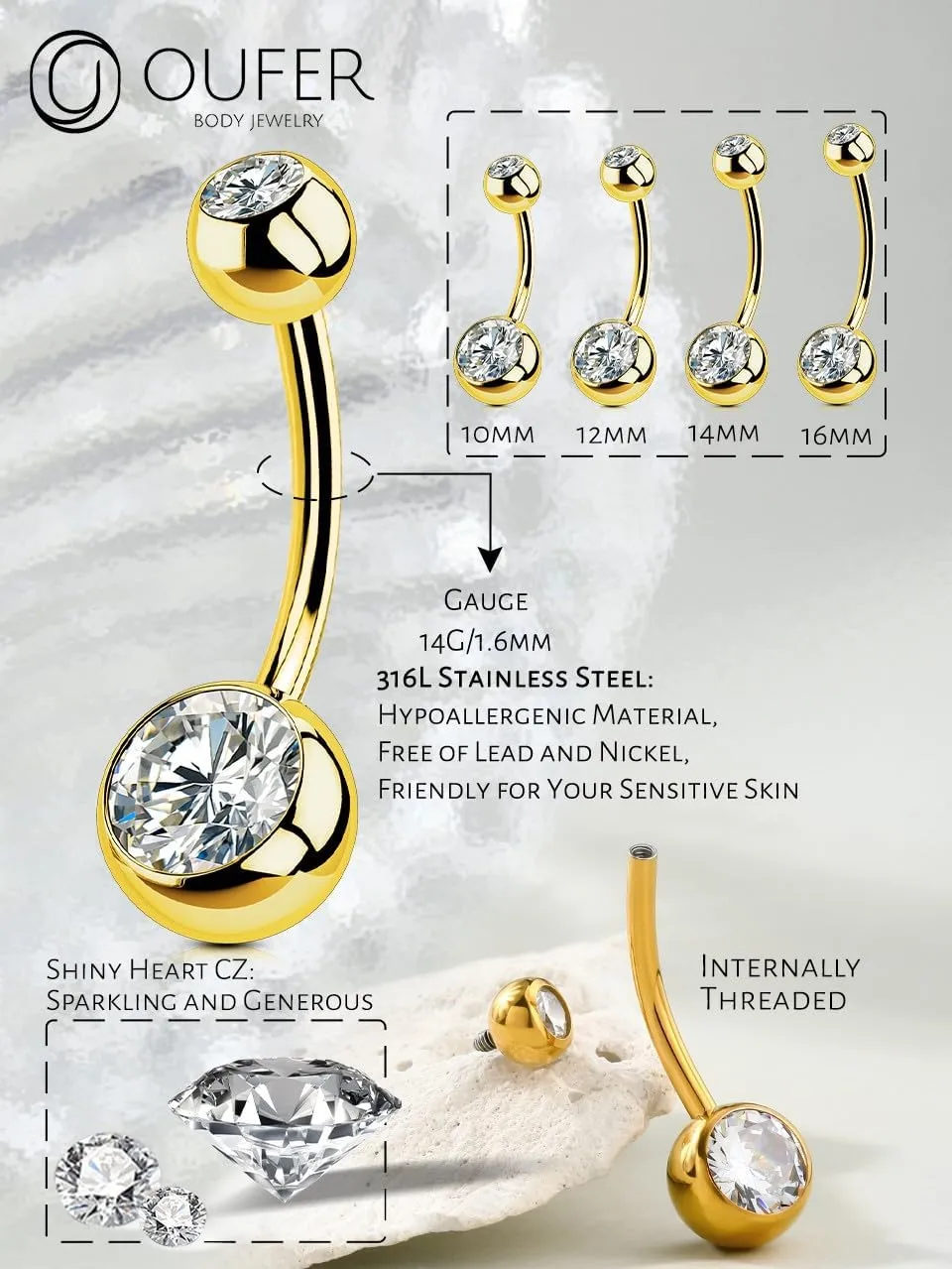 OUFER Gold Belly Button Rings, 316L Surgical Steel Belly Button Piercing, Internally Threaded Belly Rings, 14G Belly Piercing Jewelry, Long Belly Button Rings, Navel Rings for Women Men