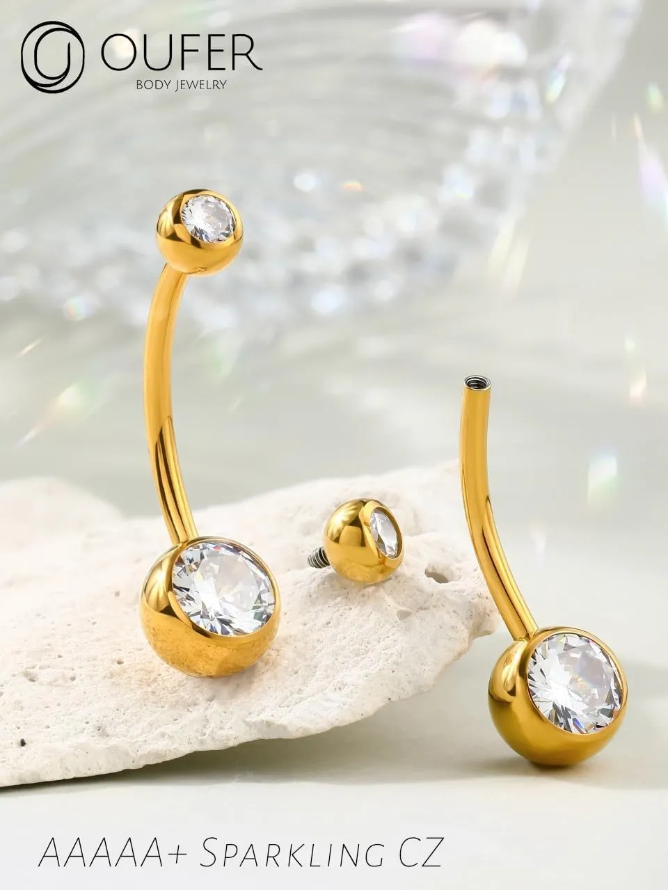 OUFER Gold Belly Button Rings, 316L Surgical Steel Belly Button Piercing, Internally Threaded Belly Rings, 14G Belly Piercing Jewelry, Long Belly Button Rings, Navel Rings for Women Men