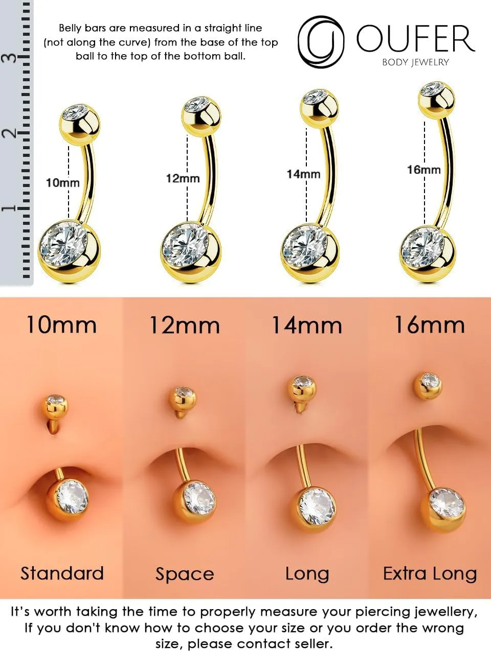 OUFER Gold Belly Button Rings, 316L Surgical Steel Belly Button Piercing, Internally Threaded Belly Rings, 14G Belly Piercing Jewelry, Long Belly Button Rings, Navel Rings for Women Men